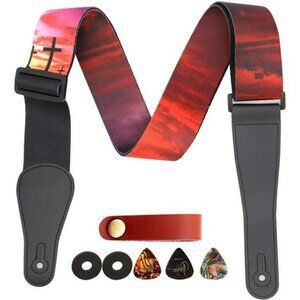 Guitar Strap Adjustable Sunset Print Leather Ends Acoustic Electric With Picks